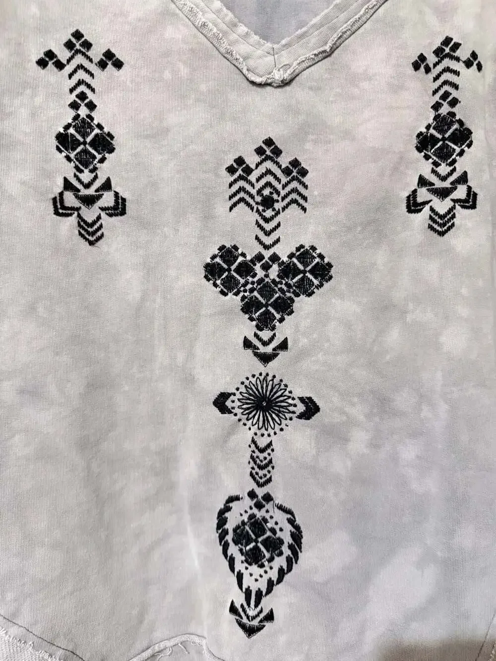 Free People Embroidered V-Neck Raw Hem Tie-Dye Pullover
